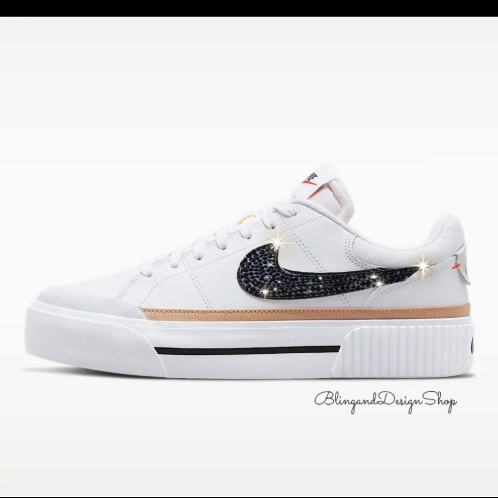 Bling Nike Swarovski Women's Court Legacy Lift White Sneaker Shoe with Crystals